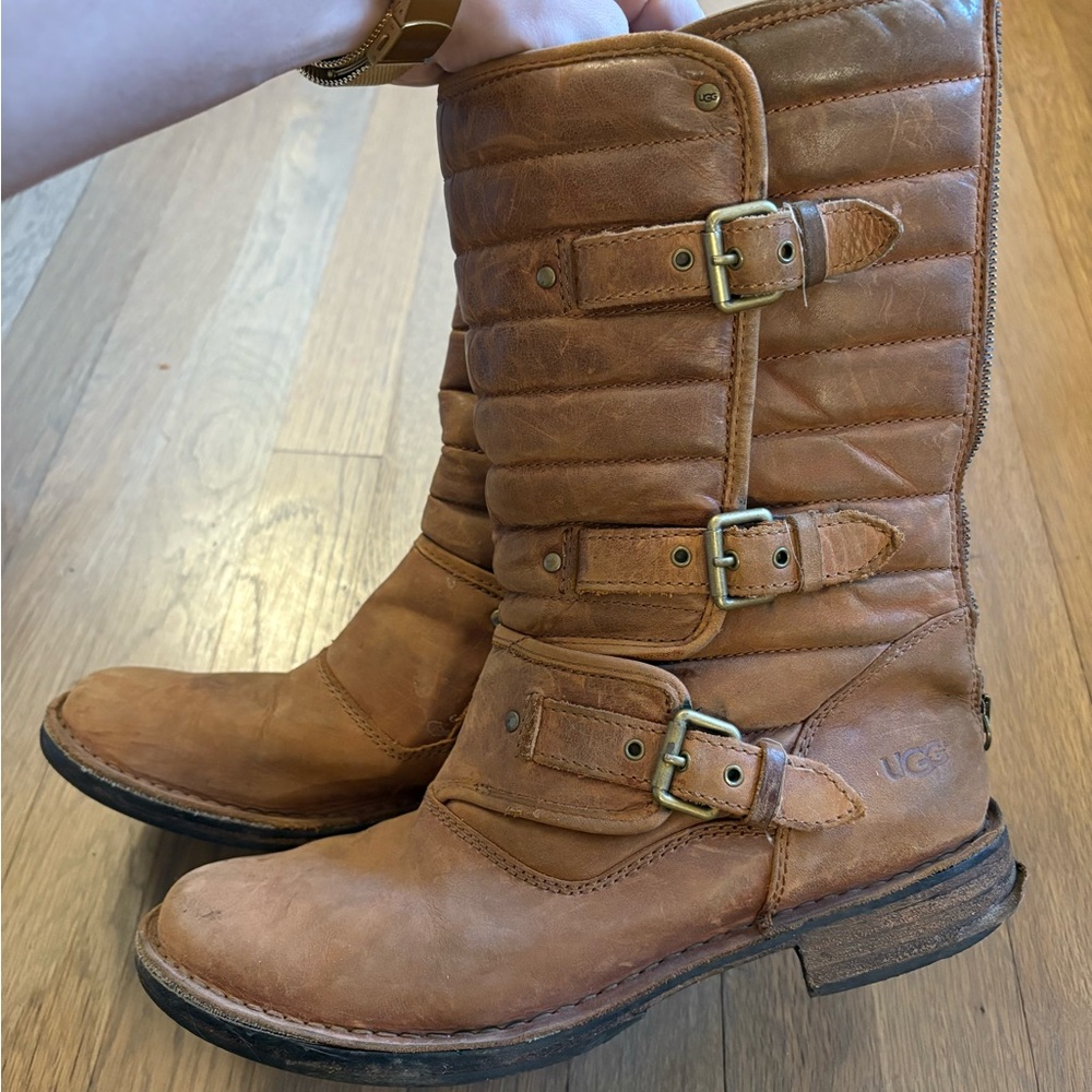 UGG Tatum leather moto biker boots in brown size 9 - Picture 2 of 6